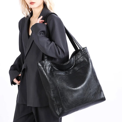 High Quality Oil Skin Leather Bucket Hand Bags for Women Female Shoulder Top-Handle Bag Luxury Handbas Women Large Commute Bags