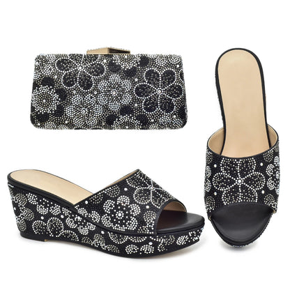 Classics Design Nigerian Women Shoes Matching Bag Set with Shinning Crystal Wedges Shoes for Women Italian Women Party Pumps