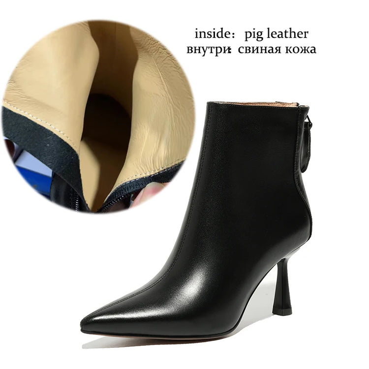 Krazing Pot Big Size 42 Cow Leather Pointed Toe High Heels Chic Design Concise Winter Spring Shoe Dress Warm Wedding Ankle Boots