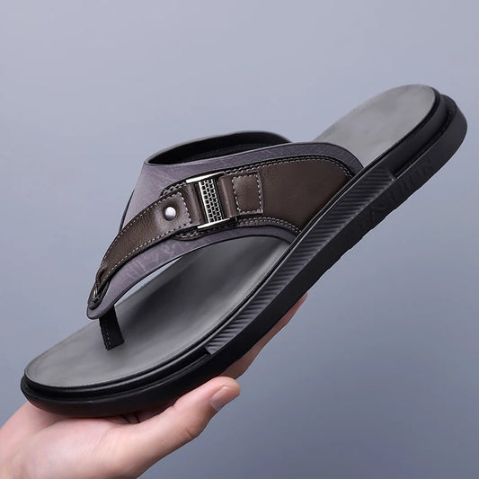 New Trend Men's Flip Flops Leather Beach Sandals Quick Dry Water Shoes Non Slip Summer Slippers Outdoor Slides Walking Sandalias