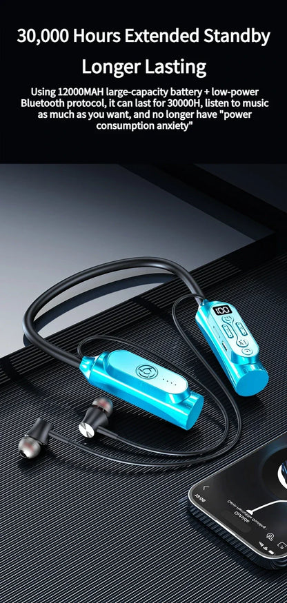 Earphones 12000mAh In-ear/Semi-in-ear Bluetooth Headset Magnetic Switch Pause Play Neck Hanging Dual Device Connection Earbuds