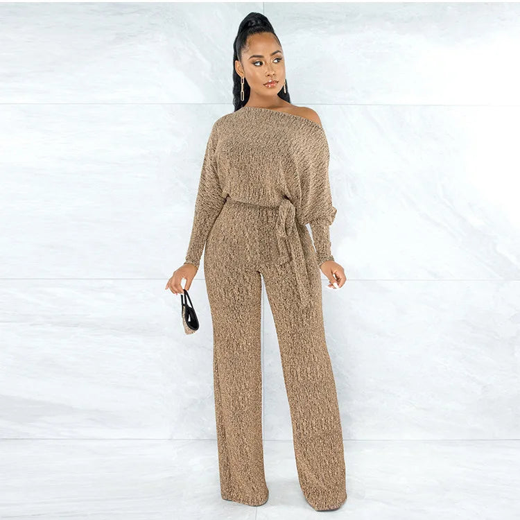 Jumpsuits Women 2022 Spring Long Sleeve High Waist Loose Belt Wide Leg Jumpsuit Elegant Office Ne Piece Outfit Party Overalls