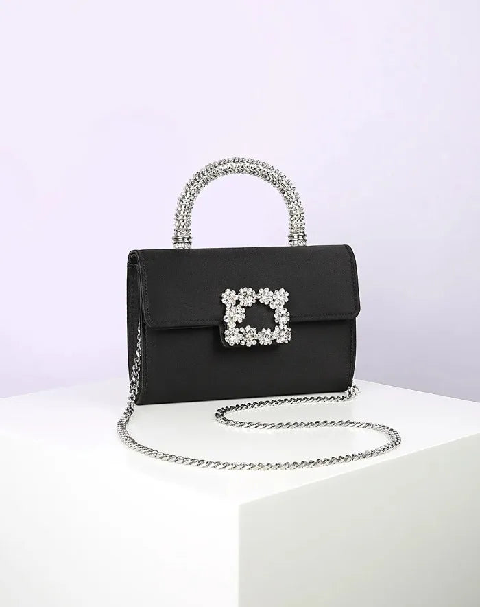 Rhinestone Faux Silk Emerald Evening Bag Silver Diamond Buckle Handle Fashion Handbags Elegant Ladies Square Bolsa Feminina