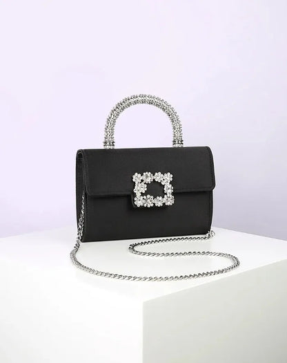 Rhinestone Faux Silk Emerald Evening Bag Silver Diamond Buckle Handle Fashion Handbags Elegant Ladies Square Bolsa Feminina