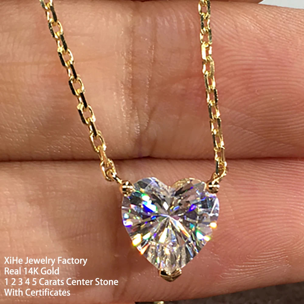 Real 14K Solid Gold Women Pendants Necklaces 1 2 3 4 5 Carat Heart Moissanite Diamond Wedding Party Pendants Necklaces