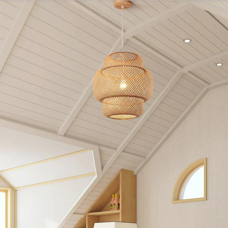 Bamboo Pendant Lights Hand Woven Ceiling Weaving Chandelier Lamp Rattan Wicker Hanging LED Fixtures Home Bedroom Bamboo Art Lamp