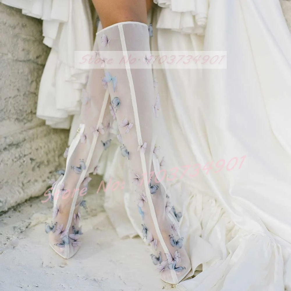 White Mesh Butterfly Wedding Boots Women Party Side Zippr Pointy Toe Knee High Shoes Female Elegant Fashion High Heels Boots