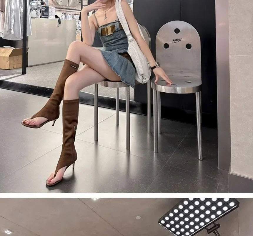 2025 Black Open Toe Clip-On Knee Boots Women's Modern Booties Thin Low Heel Side Zip Spring Summer Party Heels Sandals