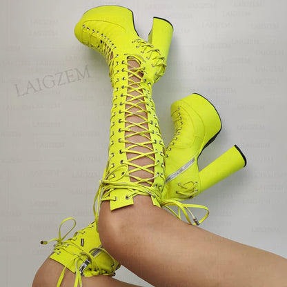 LAIGZEM Women Knee High Sandals Side Zip Up Pumps Shoes Lace Platform Cosplay Party Show Ladies Girls Shoes Woman Big Size 43 47