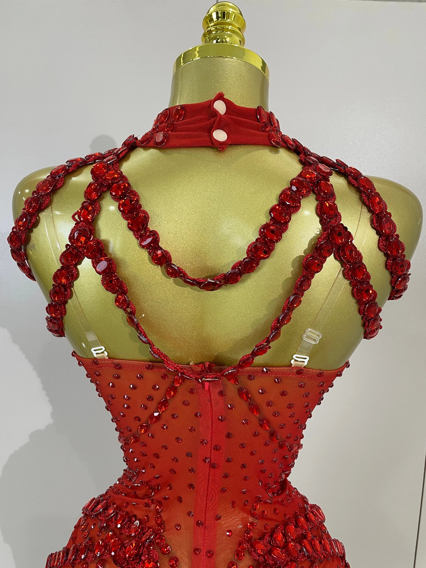 Luxury Sparkly Red Rhinestones Mesh Stretch Bodysuit Women Birthday Party Nightclub Bar Singer Dancer Performance Stage Costume