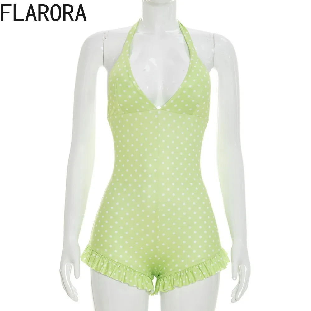 FLARORA Hottie Polka Dot Print Rompers Woman Sexy Halter V Neck Bandage Backless Skinny Ruched Playsuits Sweet Trend Streetwear