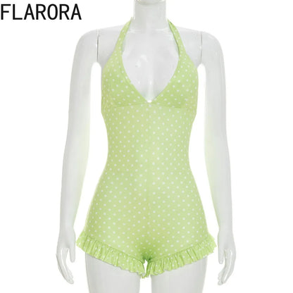 FLARORA Hottie Polka Dot Print Rompers Woman Sexy Halter V Neck Bandage Backless Skinny Ruched Playsuits Sweet Trend Streetwear