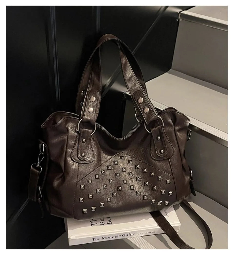 Rivet Punk Large Capacity Handbags Top Quality Sturdy Soft Leather Casual Tote Bag Shoulder Crossbody Bags Daily Commute Travel