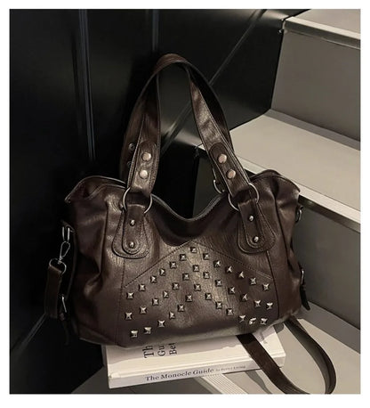 Rivet Punk Large Capacity Handbags Top Quality Sturdy Soft Leather Casual Tote Bag Shoulder Crossbody Bags Daily Commute Travel