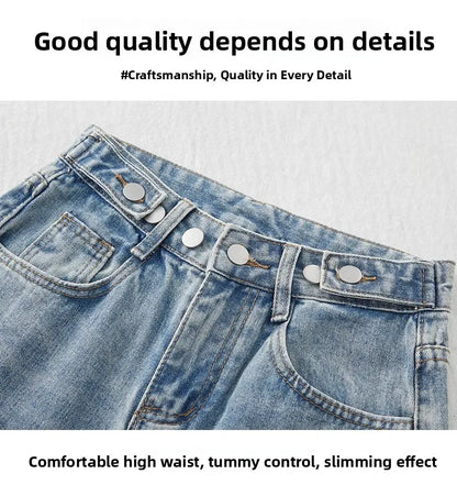 Trendy Ripped Straight Leg Jeans Women's Spring Summer High Waist Loose Wide Leg Pants Slimming Design Casual Denim Jeans