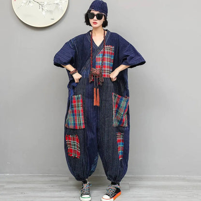 Women Plaid Jumpsuit Loose Wide Legs Short Sleeves Diagonal Buttons Straps Jumpsuit LX6229