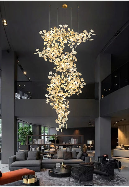 Ginkgo Leaves Loft Hanging Chandelier Light For High Ceiling Staircase Living Dining Room Modern White Porcelain Leaf Chandelier