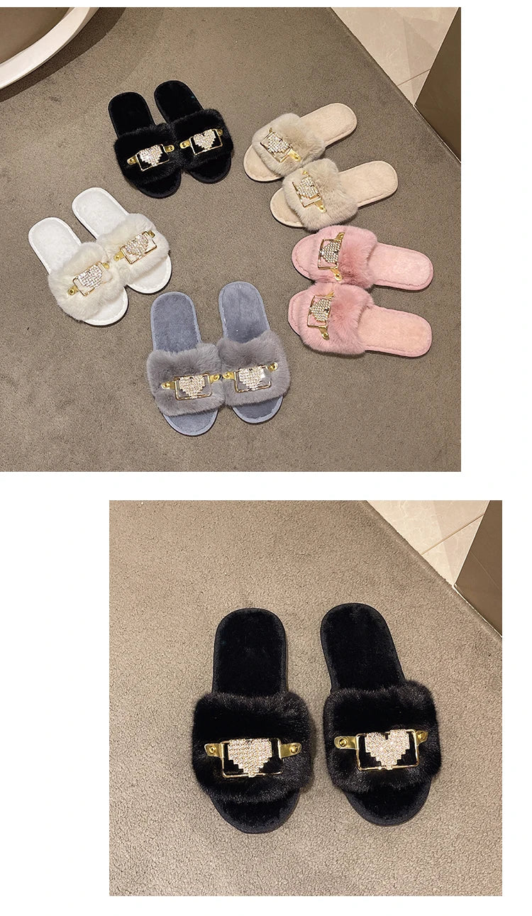 Love Chain Fluffy Women's Slippers Home Fashion Luxury Designer Shoes Woman Autumn Winter Faux Fuzzy Fur Slides Indoor Elegant