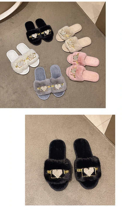 Love Chain Fluffy Women's Slippers Home Fashion Luxury Designer Shoes Woman Autumn Winter Faux Fuzzy Fur Slides Indoor Elegant