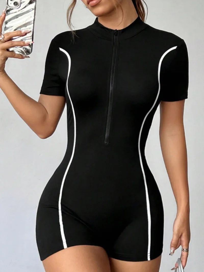 Women's Summer Fitness Sports Yoga Jumpsuits Rompers Casual Zip-up Short Sleeve Gym Bodysuitsfashion Female Running Overalls