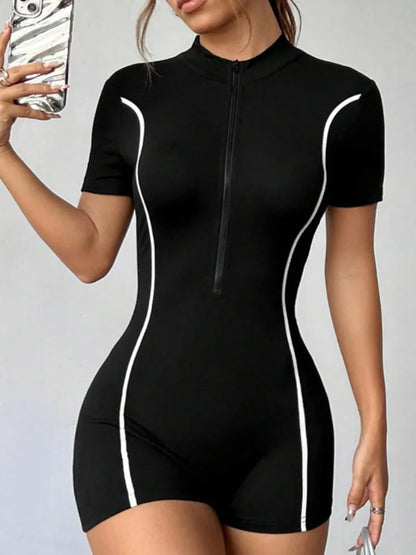 Women's Summer Fitness Sports Yoga Jumpsuits Rompers Casual Zip-up Short Sleeve Gym Bodysuitsfashion Female Running Overalls