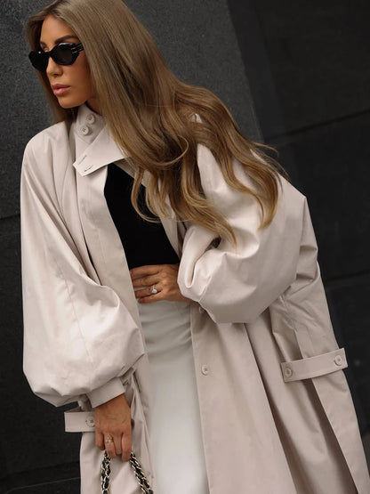 Women's Autumn Long Trench Coat Stand Collar Button Batwing Sleeves Side Slit Oversized Jacket Chic High Street Windproof Outfit