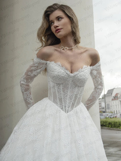 White Lace Wedding Dresses Off Shoulder Long Sleeve A Line Bride Dress Strapless Long Train Summer Garden Bridal Gown Customized