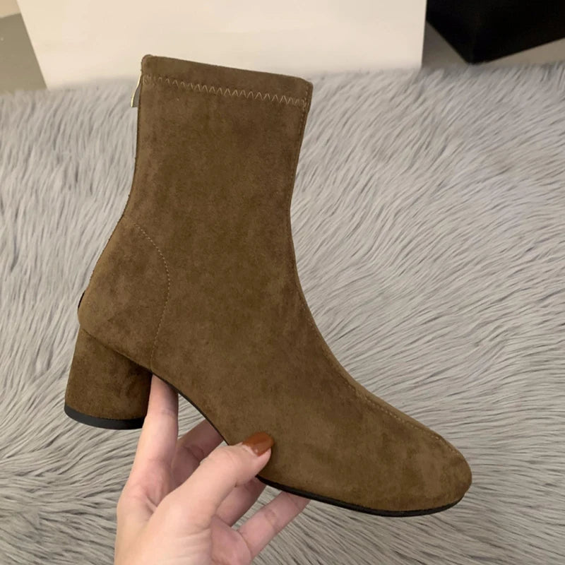 Suede Women Ankle Boots Elegant Chunky High Heels Shoes Fashion Retro Designer Shoes Woman Winter Boots 2025 Trend Mujer Zapatos