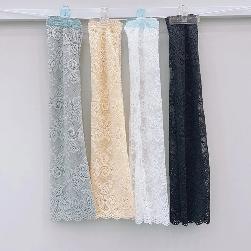 Women Summer Ice Silk Lace Arm Sleeve Elastic Sleeve Driving Gloves Black White Long Fingerless Mittens Sunscreen Gloves