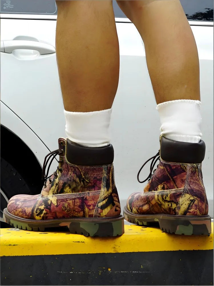 Youth Male Genuine Leather Platform Cross Tied Fashion Boots Mixed Color Cowhide Round Toe Hard Wearing High Top Footwear