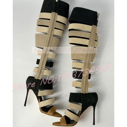 Cutout Gladiator Sandals Women Grey Suede Mixed Colors Zipper Buckle Open Toe High Heels Sandals Female Fashion Stiletto Wear