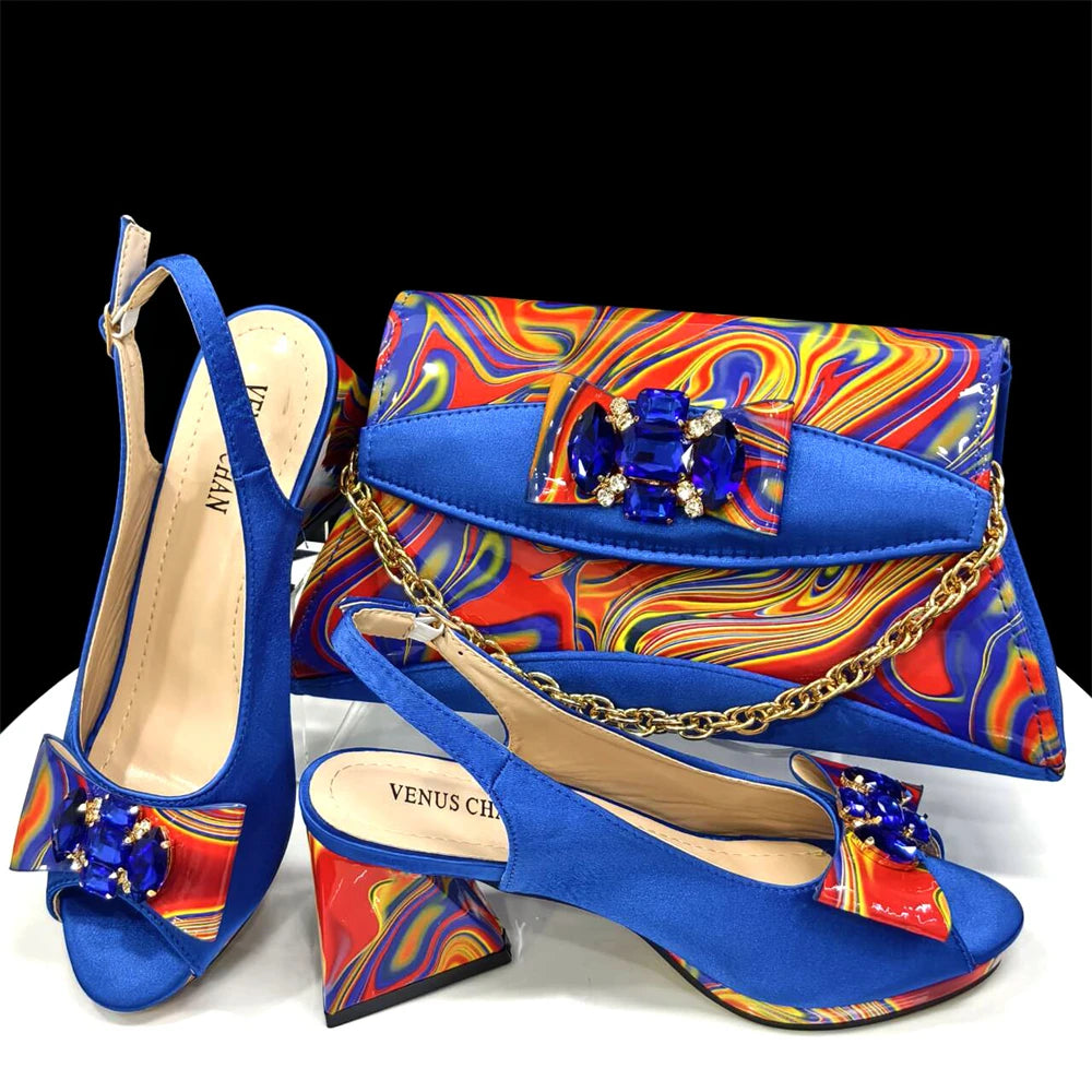 Venus Chan 2024 Fashion Purple Color Painted Rhinestones Elegant Peep Toe Sandals Shoes and Bag Set Italian Heels for Womens