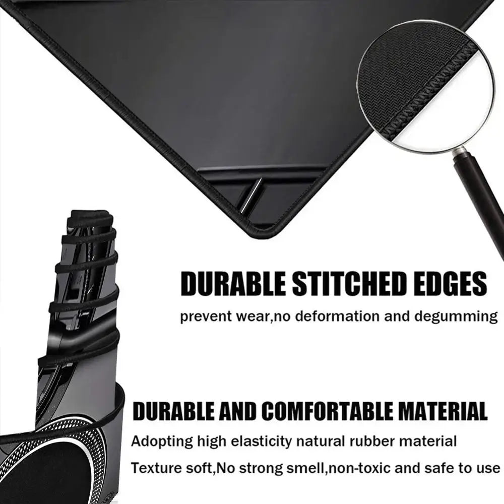 Retro Vinyl Turntable DJ Design Extended Mouse Pad Non‑Slip Rubber Base Tech Style Large Gaming Desk Table Play Mat PC Laptop