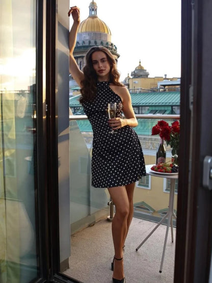 Polka Dots Halter Mini Dress Elegant Backless Sleeveless Cinched Waist Short Dresses Lace Up Skirts 2026 NEW Summer Lady Dresses