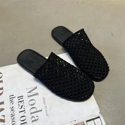 2026 Summer New Woven Flat Sandals Brathable Cover toe Slippers for Casual Outwear Women Hollow-out Casual Knitting Slides