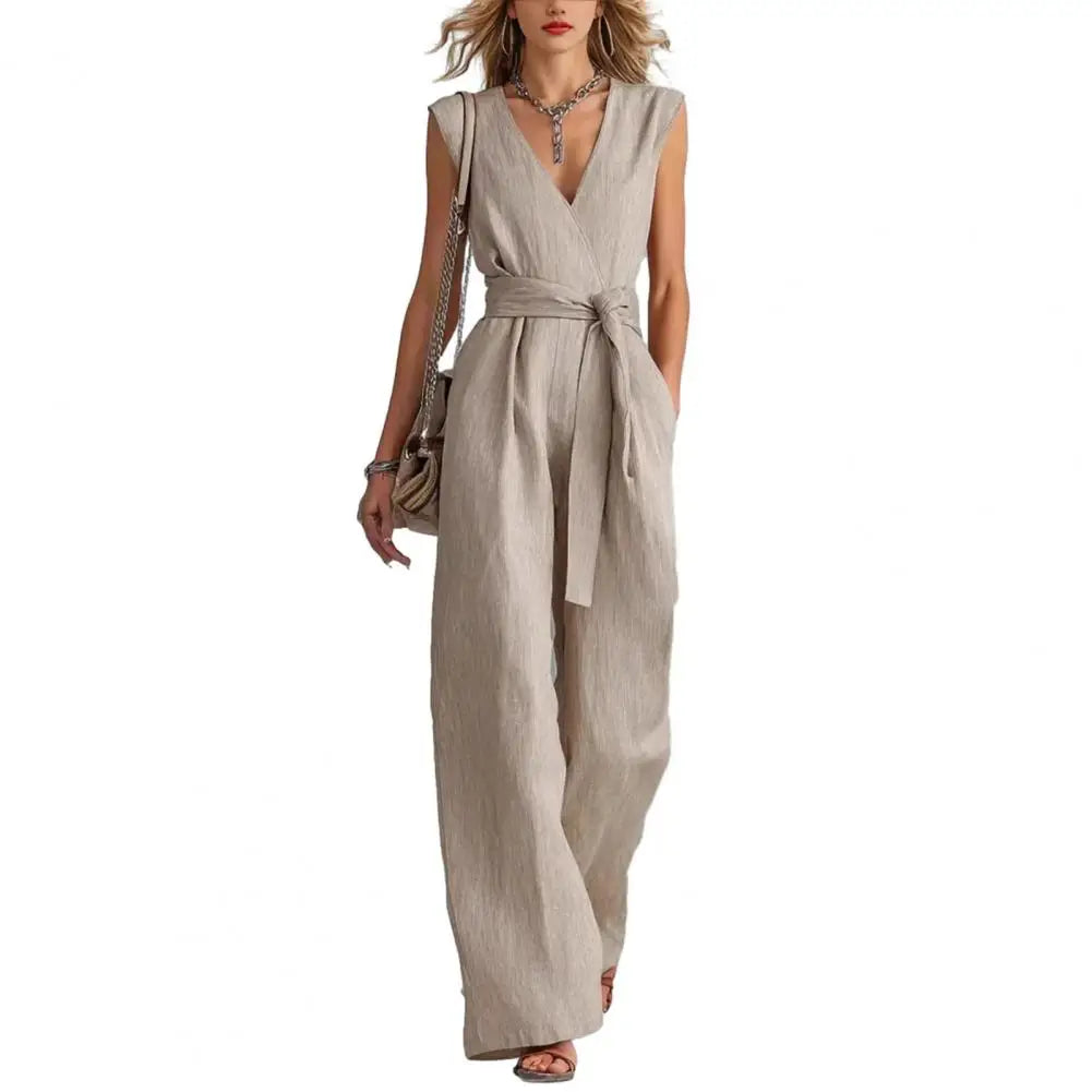 Women's Jumpsuit Sleeveless Women Jumpsuit Summer Causal Tie Waist Wide Leg Long Pants Rompers Summer V Neck One Piece Overalls