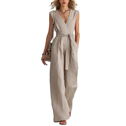 Women's Jumpsuit Sleeveless Women Jumpsuit Summer Causal Tie Waist Wide Leg Long Pants Rompers Summer V Neck One Piece Overalls