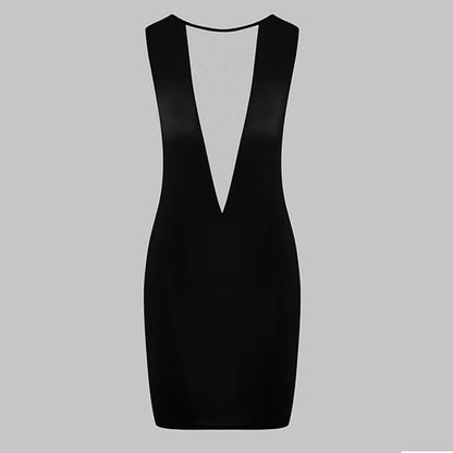Y2K E-Girl Mesh Panel Plunge V Neck Bodycon Mini Dress Women Black Sleeveless Clubwear