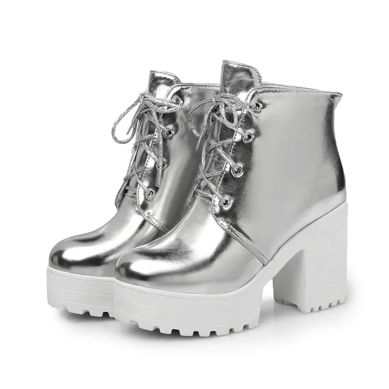 British Silver Gold Ankle Boots Women High Chunky Heels Dress Lady Round Toe Lace-up Spring Autumn Vintage Platform Short Boots