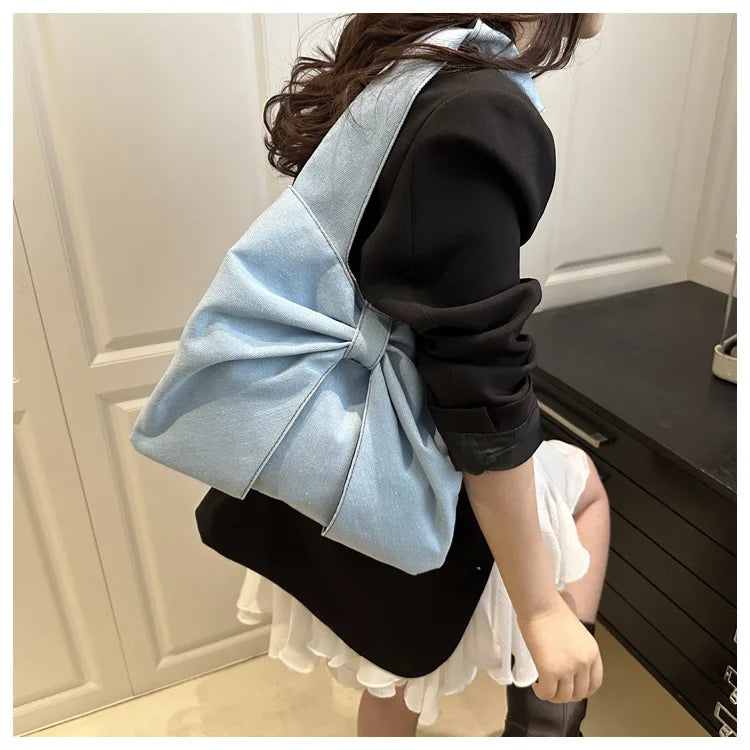 Sweet Bowknot Design Women's Denim Shoulder Bags Commuter Thread Ladies Handbags Casual Lightweight Female Underarm Tote Bag