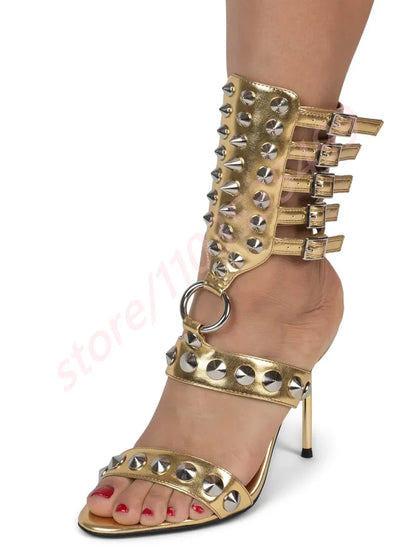 Metal Rivet Open Toe Roman Sandals 2025 Summer New Sexy Catwalk Stiletto Ladies Sandal Ins Style Street Fashion Party Stage Pump
