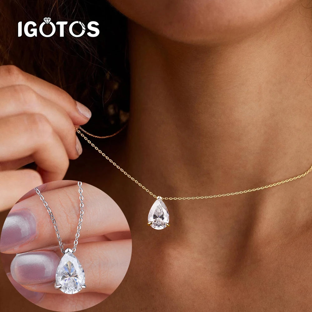 IGOTOS 1-4CT Water Drop Moissanite Pendant Necklace Women 925 Sterling Silver Round/Sharp Claw Lab Diamond Pendant Neck Chain