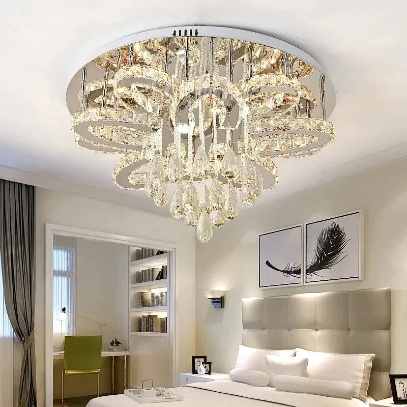 LED Modern Crystal Stainless Steel Round Dimmable RGB Chandelier Lighting Lamparas De Techo For Foyer Living Room Bedroom