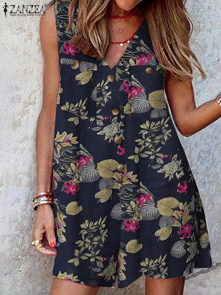 Women Summer Rompers ZANZEA Bohemian Floral Printed Jumpsuits Fashion V Neck Sleeveless Overall Pants Casual Holiday Playsuits