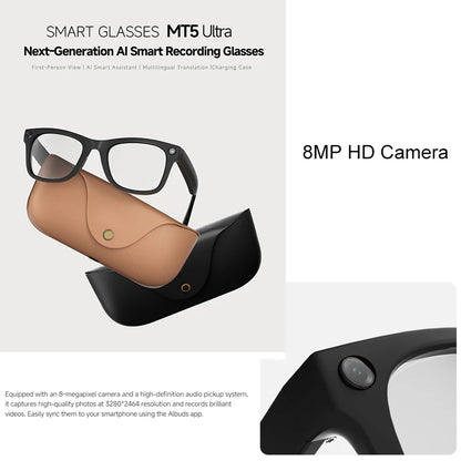 2026 Smart Glasses Genuine Leather 8MP HD Lens 2000Mah Charging Case BT Call 3D Music AI Voice Wake-up AI Translation