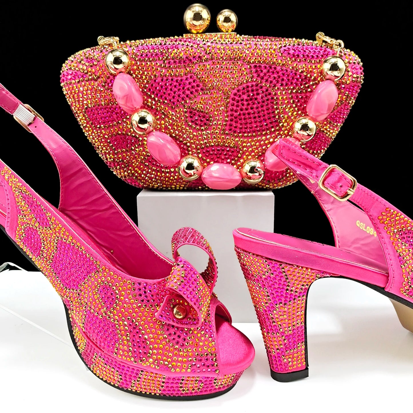 Nigerian Fashion Design Girly Style Party Shoes And Bag Sexy High Heels And Full Diamond Dual Purpose Mini Bag Women's Shoes