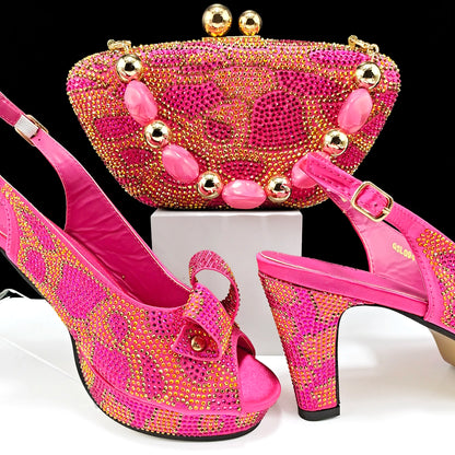 Nigerian Fashion Design Girly Style Party Shoes And Bag Sexy High Heels And Full Diamond Dual Purpose Mini Bag Women's Shoes
