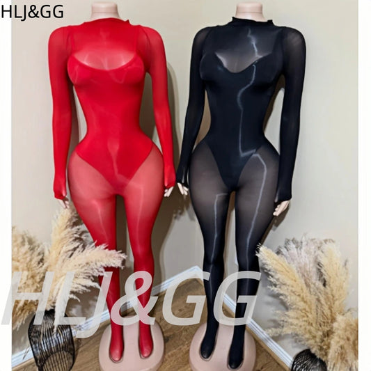 HLJ&GG Sexy Mesh See Through Bodycon Jumpsuits And Bodysuits Suits Women Long Sleeve Stretchy Playsuits Party Night Club Overall