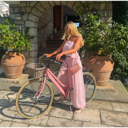 Beach Lace Hollow Out Women's Summer Pants Sets Lace Up Backless Spaghetti Strap Crop Top Loose Pleated Lantern Pant 2026 Suit