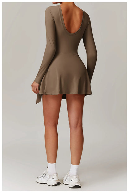 Romper Backless Set Long Sleeved Gym Sports Fitness Bodysuit Siamese Sportswear Women Clothes Jumpsuit Skirt Playsuit Yoga Suit